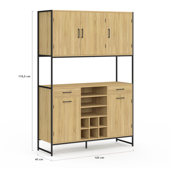 Credenza da cucina a 5 ante e portabottiglie, design industriale, 120 cm - DETROIT | IDMarket