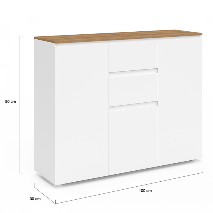 Credenza bianca 100 cm 3 ante 2 cassetti e piano in legno - TOBY | Zen Cart! IDMarket
