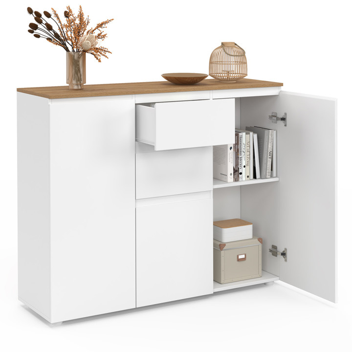 Credenza bianca 100 cm 3 ante 2 cassetti e piano in legno - TOBY | Zen Cart! IDMarket