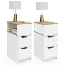 Comodino stretto a 2 cassetti in legno e bianco con nicchia laterale - ANOUK | Zen Cart! IDMarket