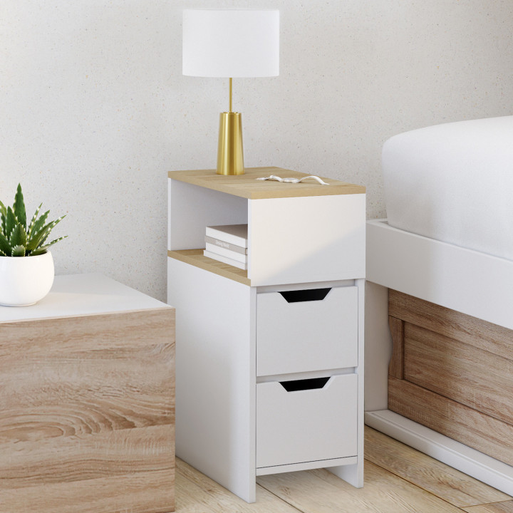 Comodino stretto a 2 cassetti in legno e bianco con nicchia laterale - ANOUK | Zen Cart! IDMarket