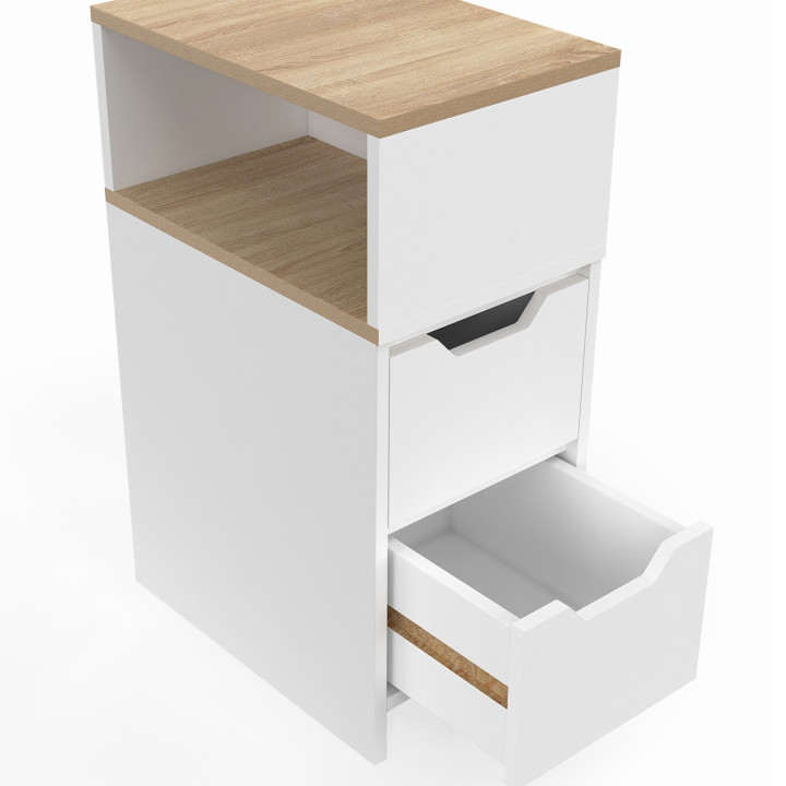 Comodino stretto a 2 cassetti in legno e bianco con nicchia laterale - ANOUK | Zen Cart! IDMarket