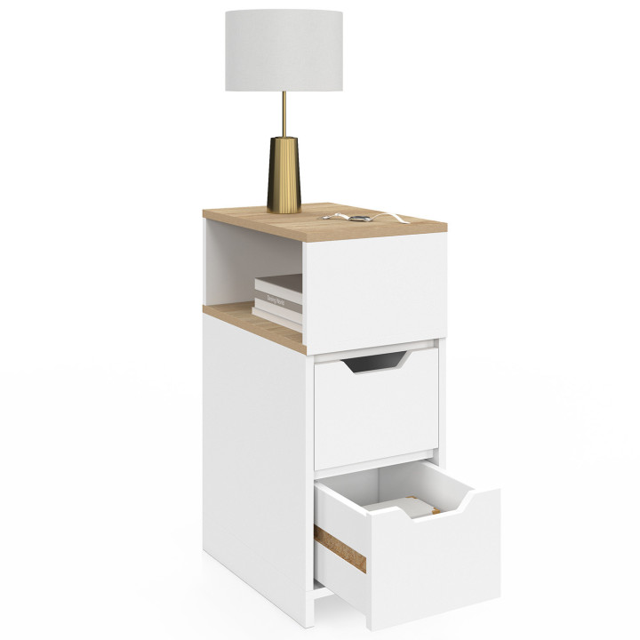 Comodino stretto a 2 cassetti in legno e bianco con nicchia laterale - ANOUK | Zen Cart! IDMarket