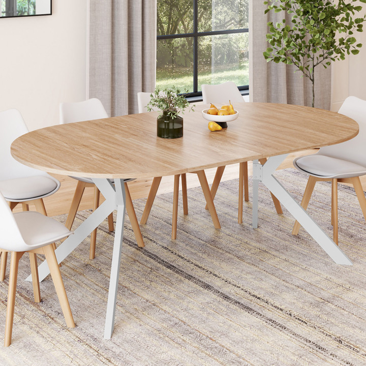 Tavolo da pranzo rotondo allungabile per 4-10 persone, legno e gambe a ragno bianche 110 - 200 cm - ALIX | ID Market