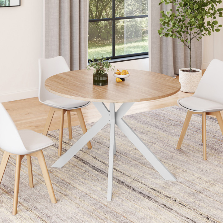 Tavolo da pranzo rotondo allungabile per 4-10 persone, legno e gambe a ragno bianche 110 - 200 cm - ALIX | ID Market