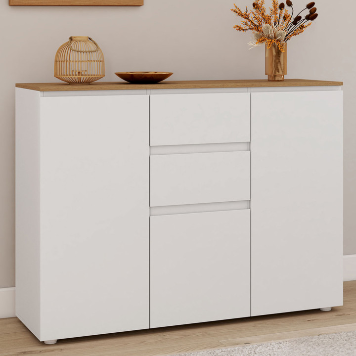 Credenza bianca 100 cm 3 ante 2 cassetti e piano in legno - TOBY | Zen Cart! IDMarket