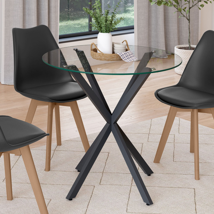 Tavolo da pranzo rotondo 4 persone 80cm nero con gambe a ragno e piano in vetro - ALIX | The ALIX Group IDMarket