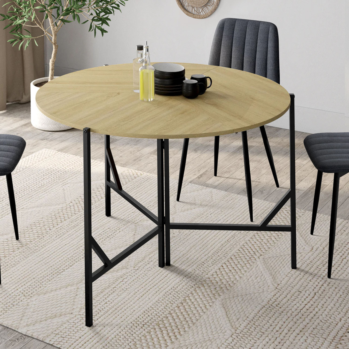Tavolo Da Pranzo Rotondo 120 Cm In Legno E Metallo – Con Ripiano Portaoggetti Inferiore, Marrone E Bianco