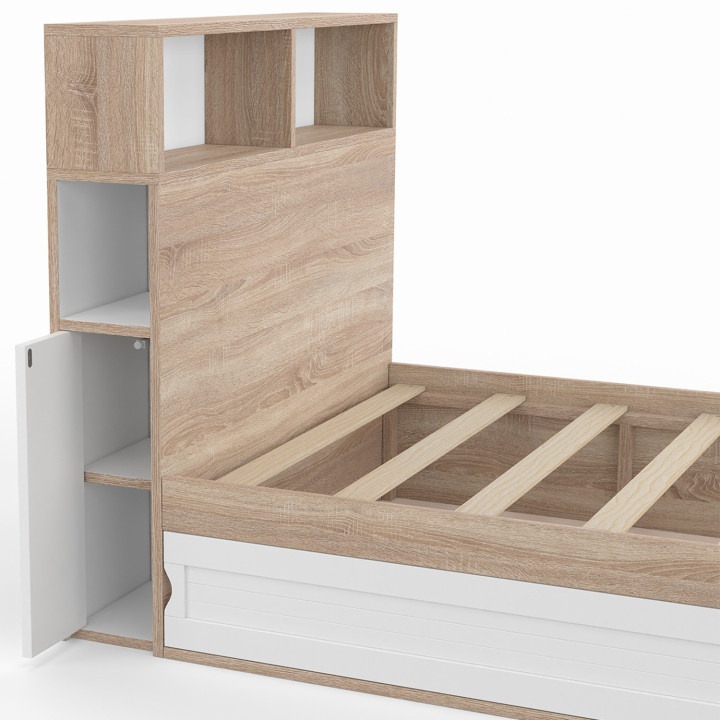 Letto singolo 90x190 faggio e bianco con contenitore e testata - CLEM | Zen Cart! IDMarket
