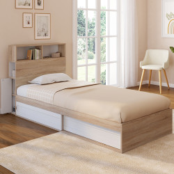 Letto singolo 90x190 faggio e bianco con contenitore e testata - CLEM | Zen Cart! IDMarket