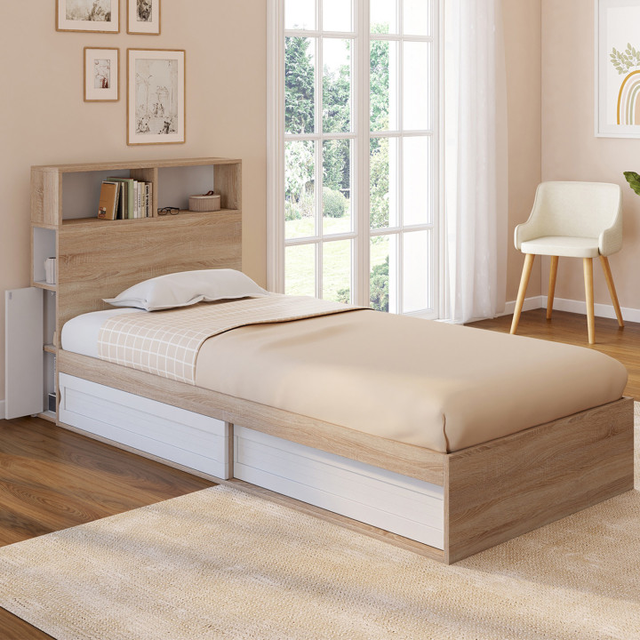 Letto singolo 90x190 faggio e bianco con contenitore e testata - CLEM | Zen Cart! IDMarket