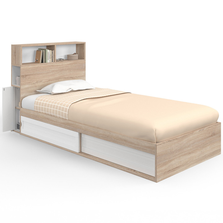 Letto singolo 90x190 faggio e bianco con contenitore e testata - CLEM | Zen Cart! IDMarket