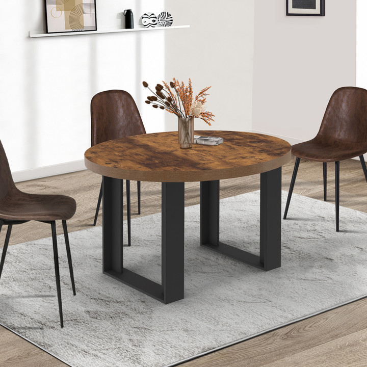 Tavolo da pranzo rotondo allungabile 4-6 persone in legno scuro effetto invecchiato e nero - PHOENIX | IDMarket
