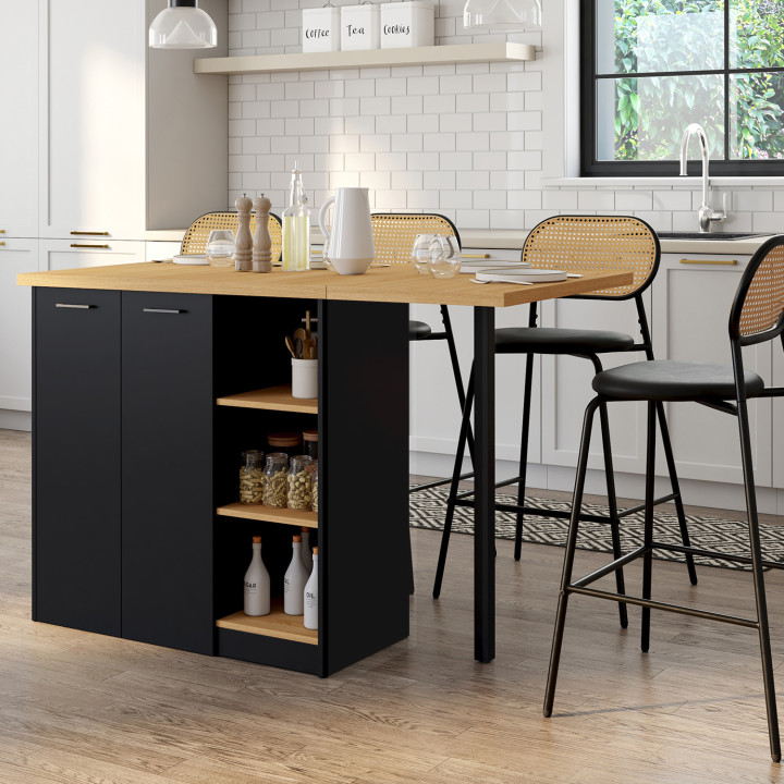 Isola centrale da 140 cm in legno nero con piano di lavoro effetto faggio - CESAR | Zen Cart! IDMarket