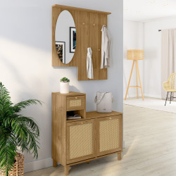 Guardaroba d'ingresso in legno naturale effetto canna, con specchio, scarpiera e ripostiglio - HANAE | ID Market