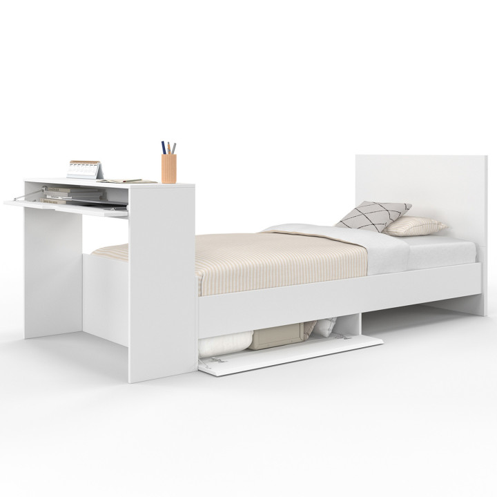 Letto singolo bianco 90 x 190 cm con contenitore, rete, testata e scrivania - OMAHA | Zen Cart! IDMarket