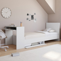 Letto singolo bianco 90 x 190 cm con contenitore, rete, testata e scrivania - OMAHA | Zen Cart! IDMarket