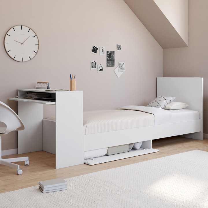 Letto singolo bianco 90 x 190 cm con contenitore, rete, testata e scrivania - OMAHA | Zen Cart! IDMarket