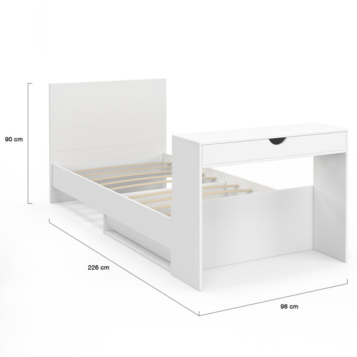 Letto singolo bianco 90 x 190 cm con contenitore, rete, testata e scrivania - OMAHA | Zen Cart! IDMarket