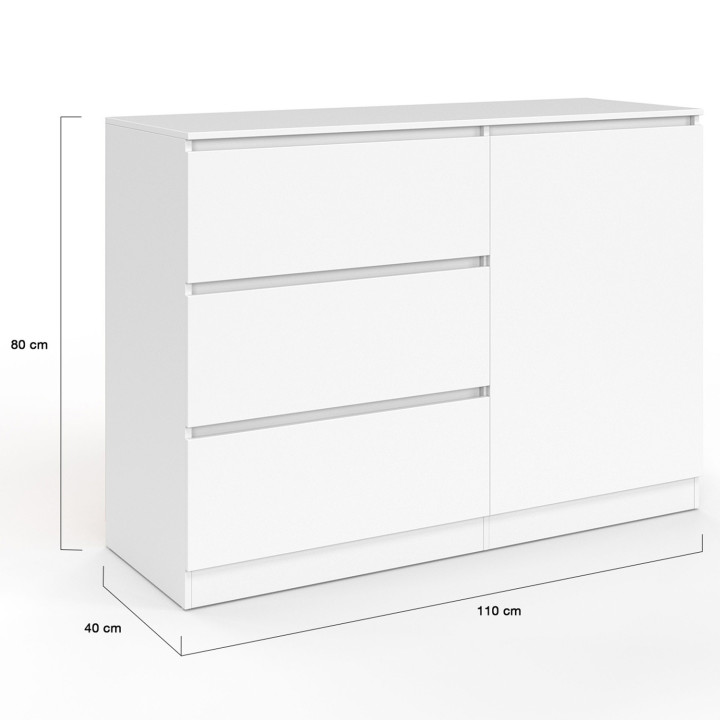 Cassettone 3 cassetti + 1 anta 110 cm legno bianco - TOMI | REGNO UNITO IDMarket