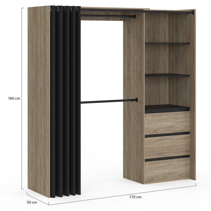 Armadio espandibile 120/170 x 50 x 180 cm in faggio con 3 cassetti + ripiani + doppio spazio appendiabiti + tenda nera - MARTY |
