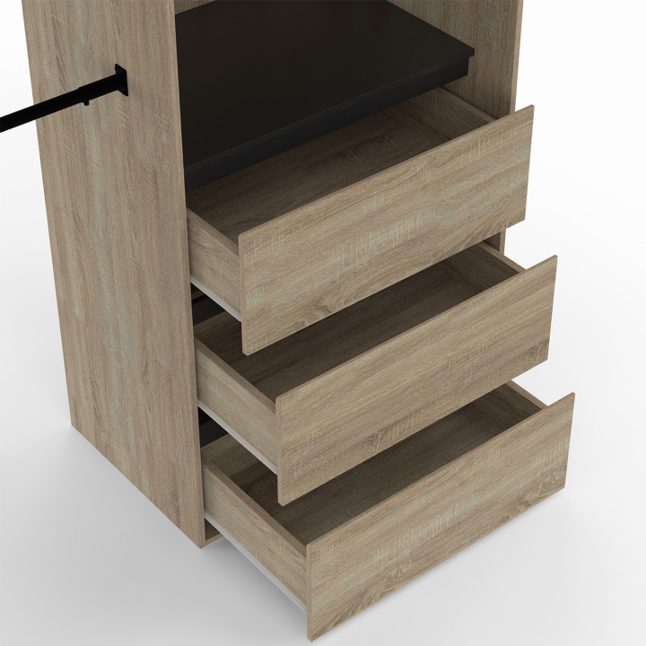 Armadio espandibile 120/170 x 50 x 180 cm in faggio con 3 cassetti + ripiani + doppio spazio appendiabiti + tenda nera - MARTY |
