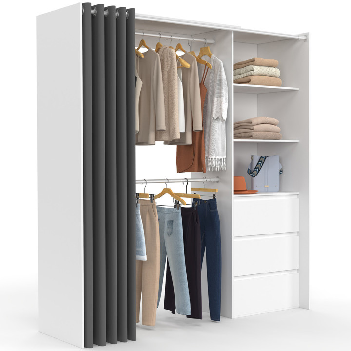 Armadio espandibile 120/170 x 50 x 180 cm bianco con 3 cassetti + ripiani + doppio spazio per appendere + tenda grigia - MARTY |