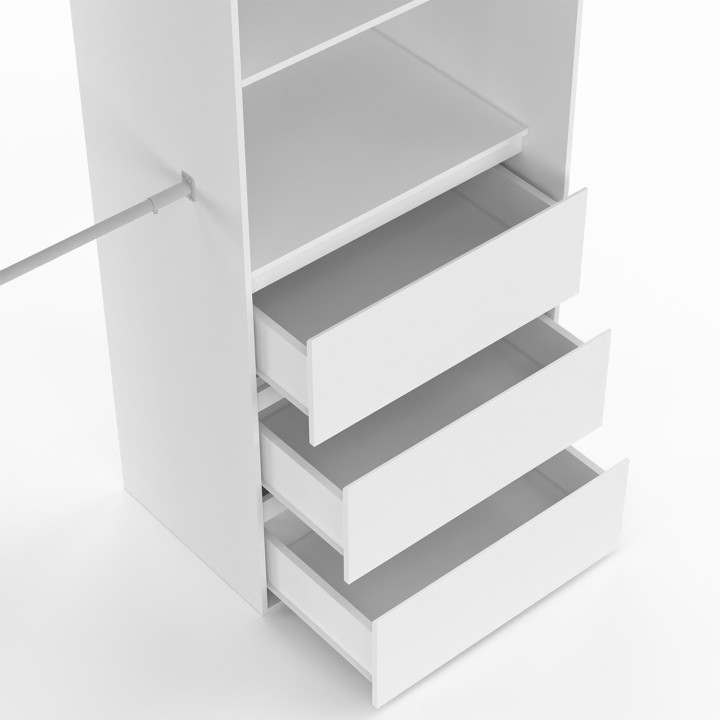 Armadio espandibile 120/170 x 50 x 180 cm bianco con 3 cassetti + ripiani + doppio spazio per appendere + tenda grigia - MARTY |