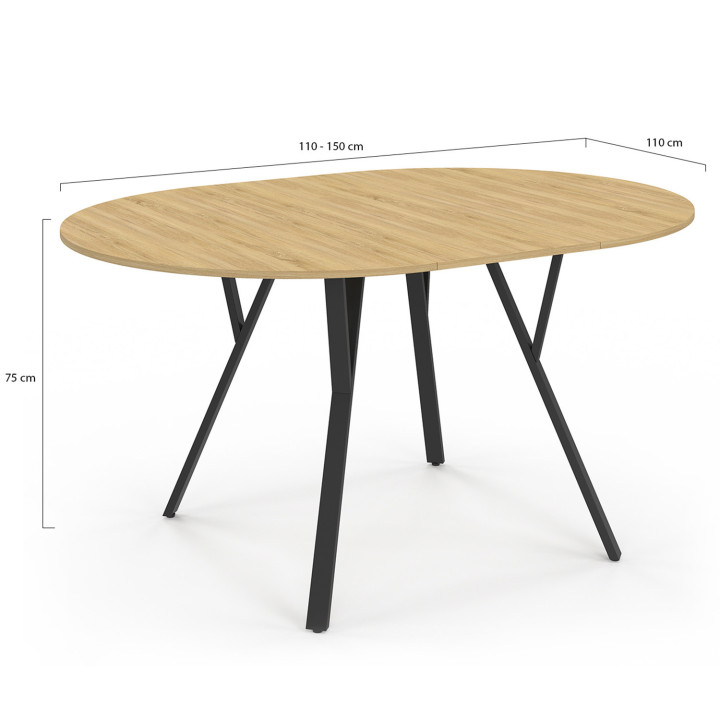 Tavolo da pranzo rotondo allungabile in legno e nero 4-8 persone design industriale 110-150cm - YSEULT | ID Market