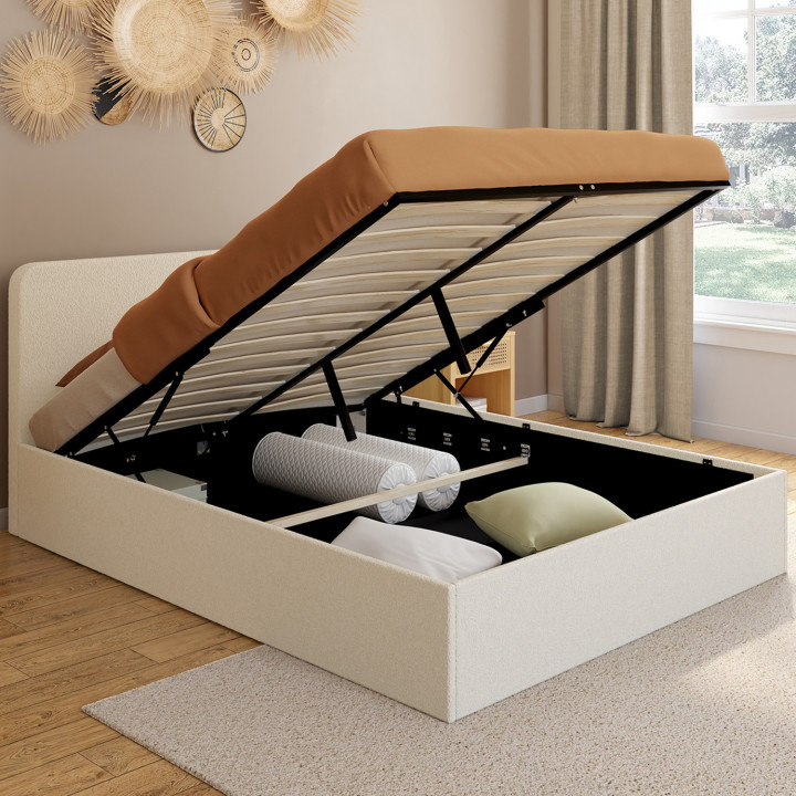 Letto matrimoniale con testata e box spring 140x190cm in tessuto bouclette - BRADFORD | ID Market