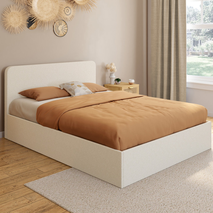 Letto matrimoniale con testata e box spring 140x190cm in tessuto bouclette - BRADFORD | ID Market