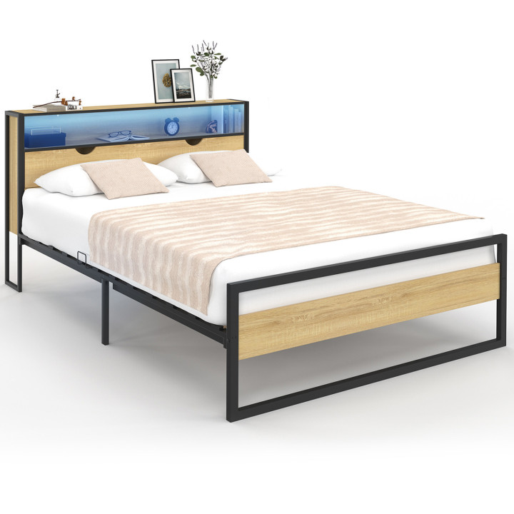 Letto matrimoniale con testiera LED integrata 140x190cm design industriale in legno e metallo nero - DETROIT | ID Market