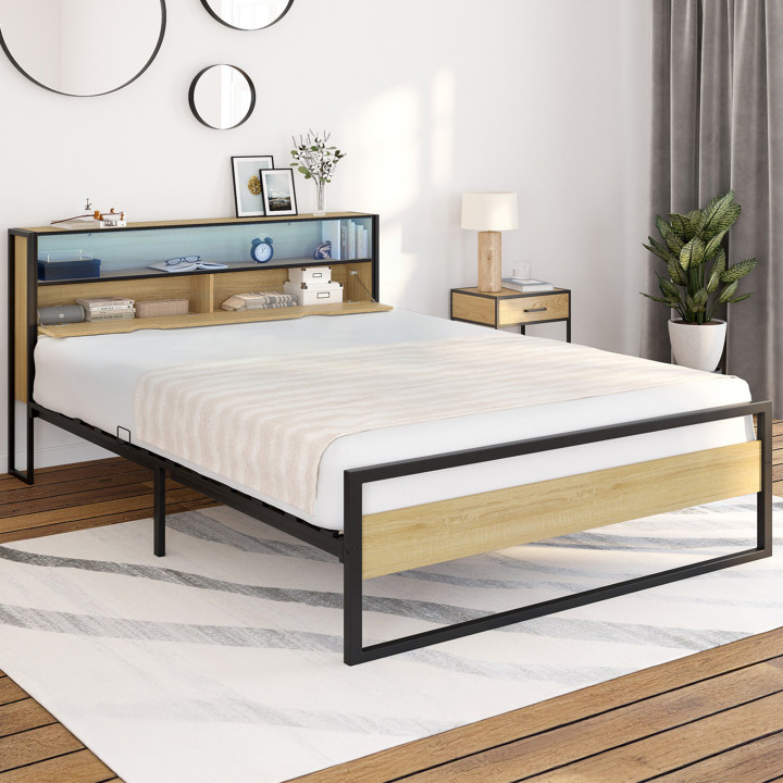 Letto matrimoniale con testiera LED integrata 140x190cm design industriale in legno e metallo nero - DETROIT | ID Market