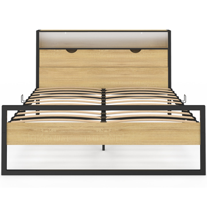 Letto matrimoniale con testiera LED integrata 140x190cm design industriale in legno e metallo nero - DETROIT | ID Market