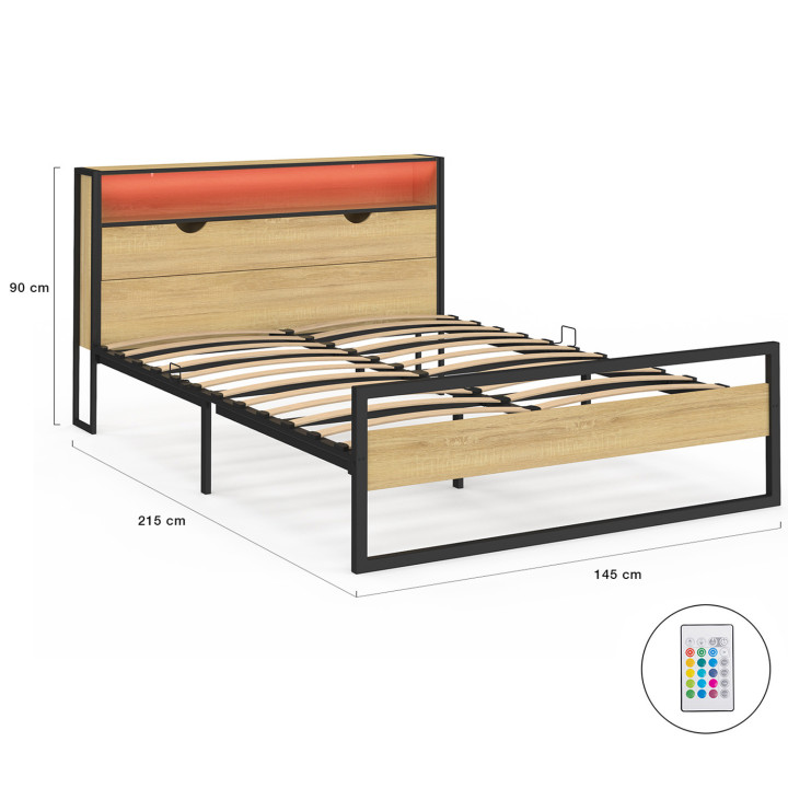 Letto matrimoniale con testiera LED integrata 140x190cm design industriale in legno e metallo nero - DETROIT | ID Market