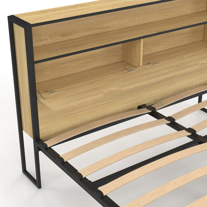 Letto matrimoniale con testiera LED integrata 140x190cm design industriale in legno e metallo nero - DETROIT | ID Market