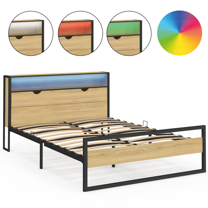 Letto matrimoniale con testiera LED integrata 140x190cm design industriale in legno e metallo nero - DETROIT | ID Market