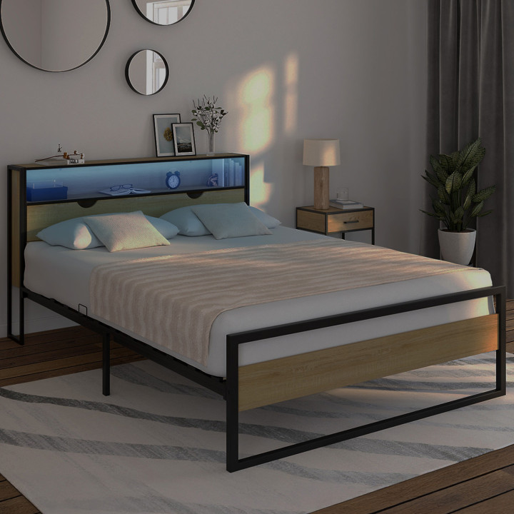 Letto matrimoniale con testiera LED integrata 140x190cm design industriale in legno e metallo nero - DETROIT | ID Market