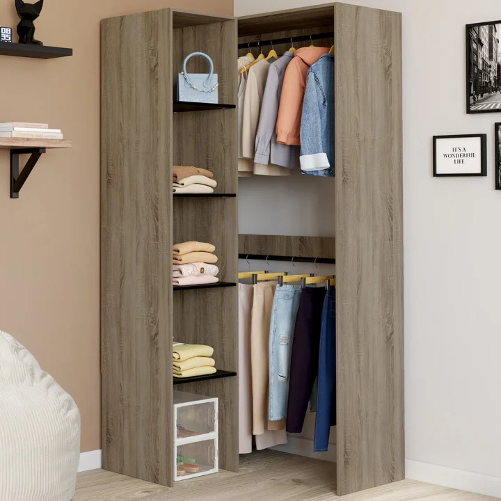 Armadio angolare componibile L. 90 / 127 cm doppio armadio + ripiani legno e nero - MELMAN | IDMarket