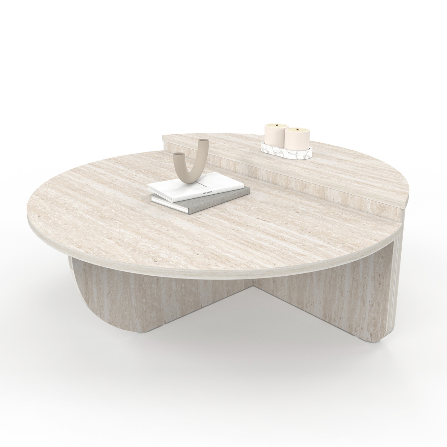 Tavolino Girevole KYRIA Con Cassetto – MDF Effetto Travertino E Legno Scuro, 80x80x36 Cm, Per Soggiorno