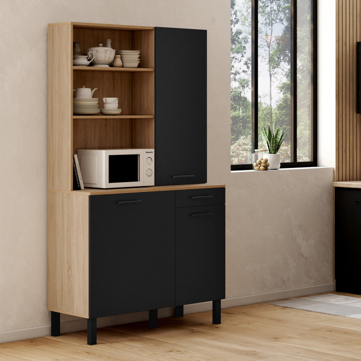 Credenza da cucina con colonna portaoggetti 100 cm in faggio e nero - CINA | IDMarket