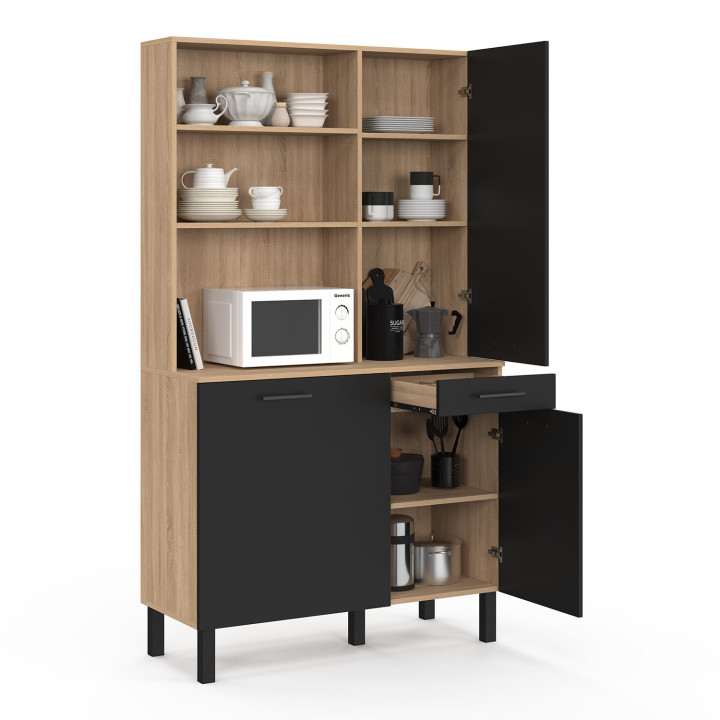 Credenza da cucina con colonna portaoggetti 100 cm in faggio e nero - CINA | IDMarket
