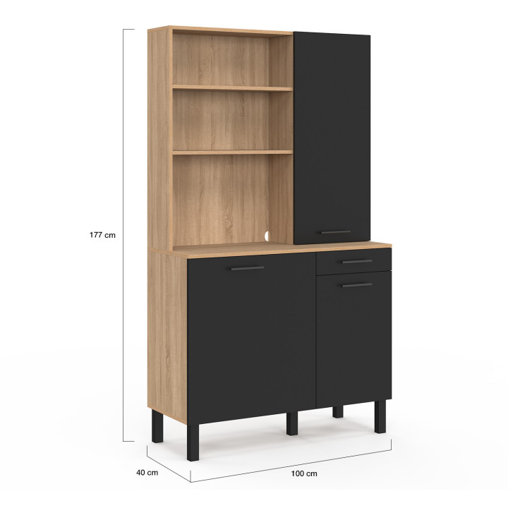 Credenza da cucina con colonna portaoggetti 100 cm in faggio e nero - CINA | IDMarket