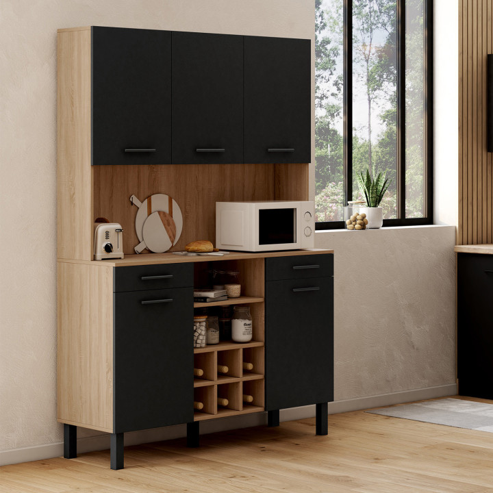 Credenza da cucina con 5 ante, cassetti e portabottiglie, faggio e nero - CINA | Zen Cart! IDMarket