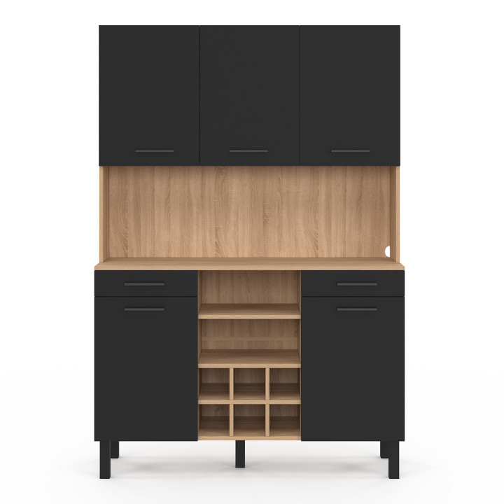 Credenza da cucina con 5 ante, cassetti e portabottiglie, faggio e nero - CINA | Zen Cart! IDMarket
