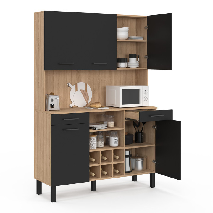 Credenza da cucina con 5 ante, cassetti e portabottiglie, faggio e nero - CINA | Zen Cart! IDMarket