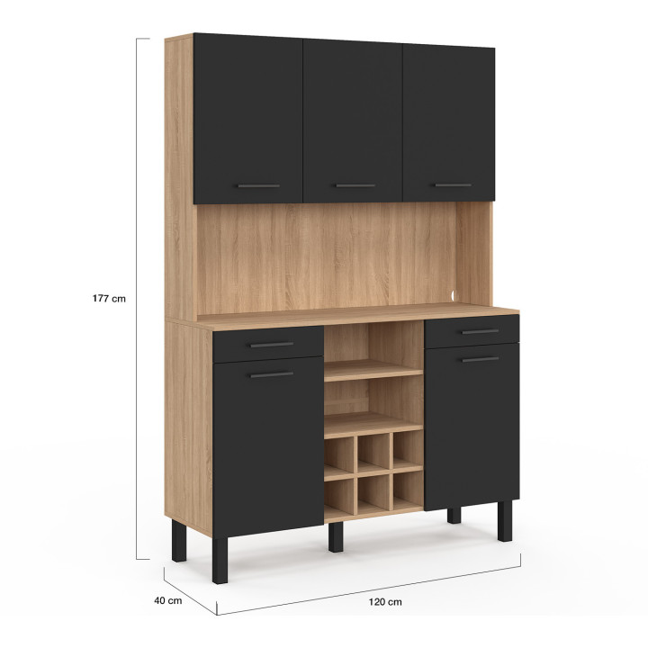 Credenza da cucina con 5 ante, cassetti e portabottiglie, faggio e nero - CINA | Zen Cart! IDMarket