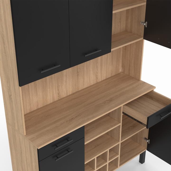 Credenza da cucina con 5 ante, cassetti e portabottiglie, faggio e nero - CINA | Zen Cart! IDMarket