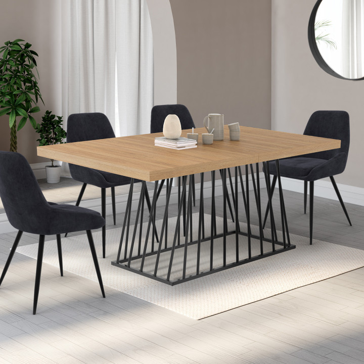 Tavolo da pranzo allungabile 6-10 persone piano in legno gamba in metallo nero 160-200cm - YUNA | ID Market