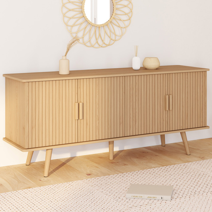 Credenza in legno color rovere 140cm 4 ante a doghe - JULIETTE | ID Market